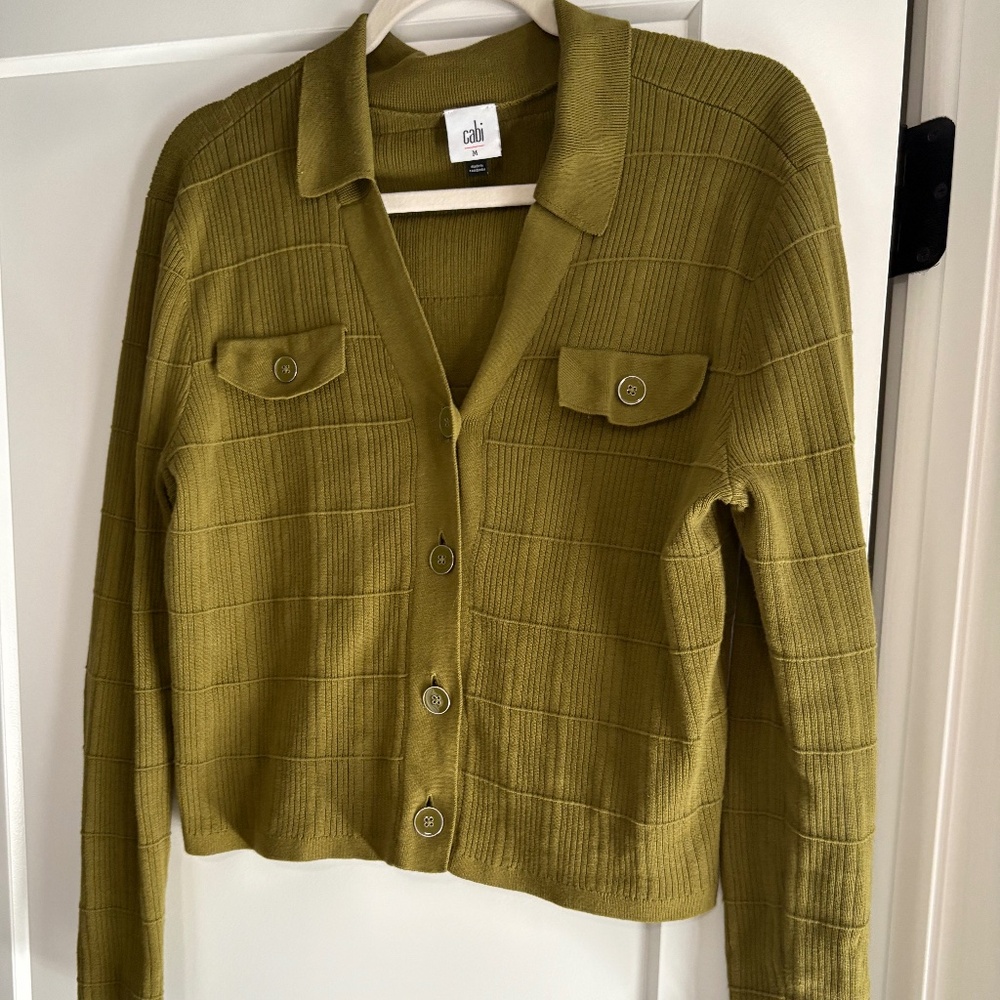 CAbi Olive Button-Down Sweater with Collar